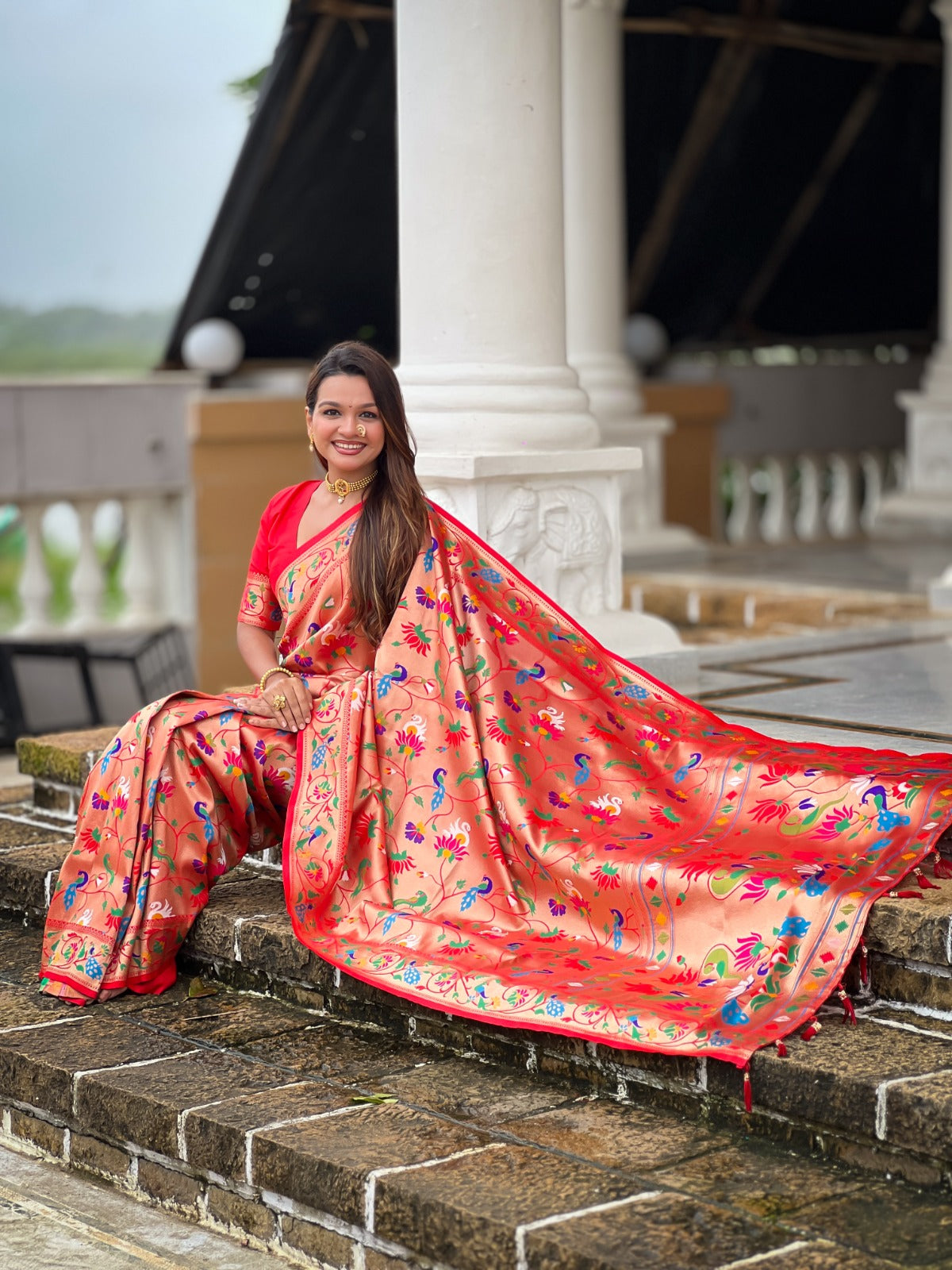 Soft Pethani Silk Saree with Peacock, Swan, Lotus & Parrot Meenakari Weaving – Queen of Sarees